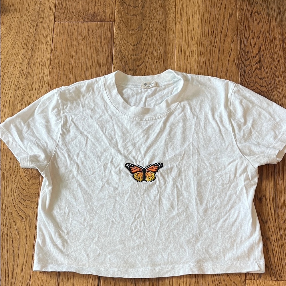 Brandy Melville White Tee with Butterfly Embroidery